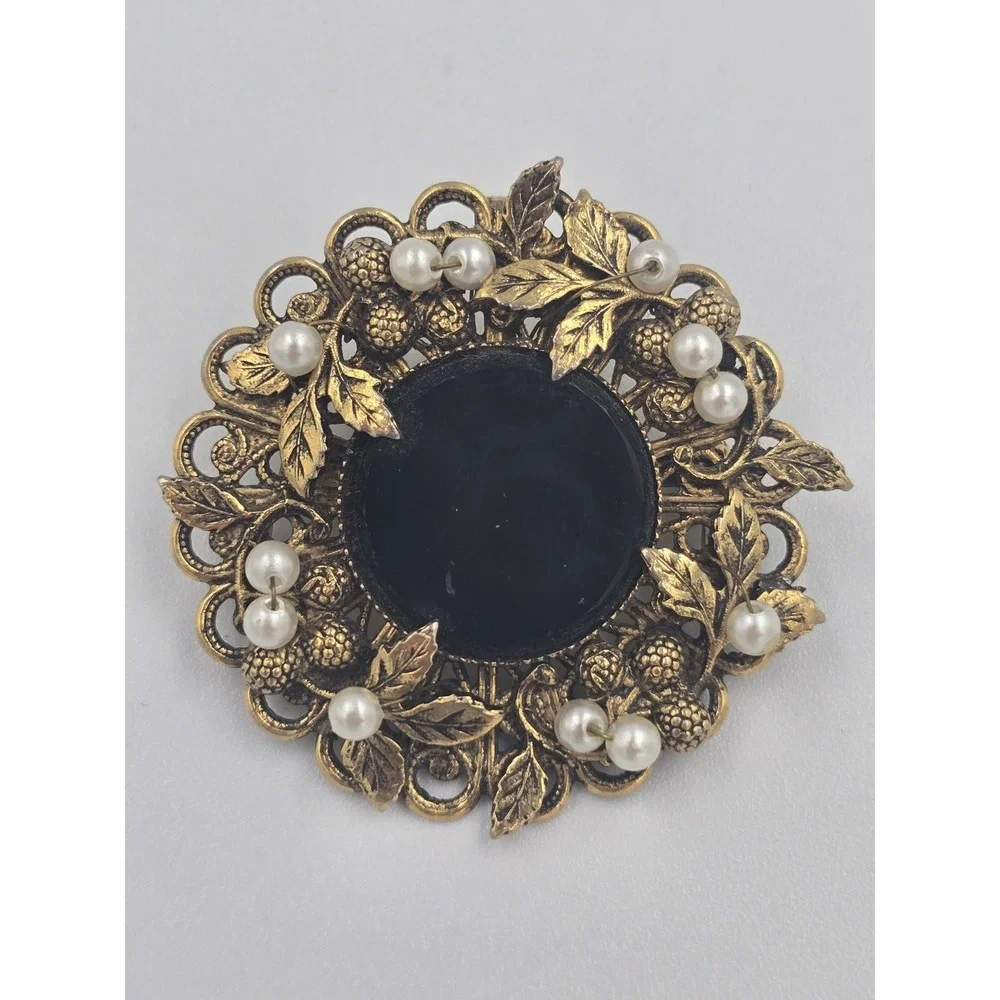 Vintage Gold Tone Filigree Black Cabochon Faux Pearl Mourning Brooch Pin Pendant